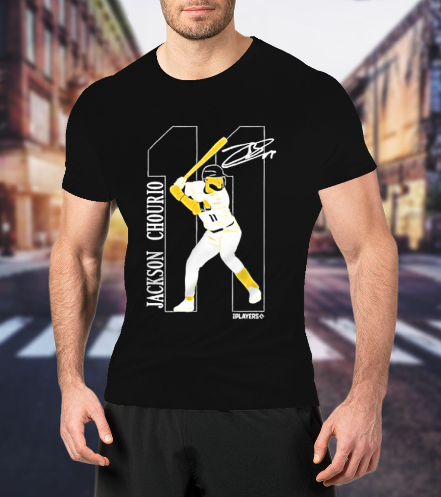 Jackson Chourio Brewers 11 Batting Pose Signature T-Shirt