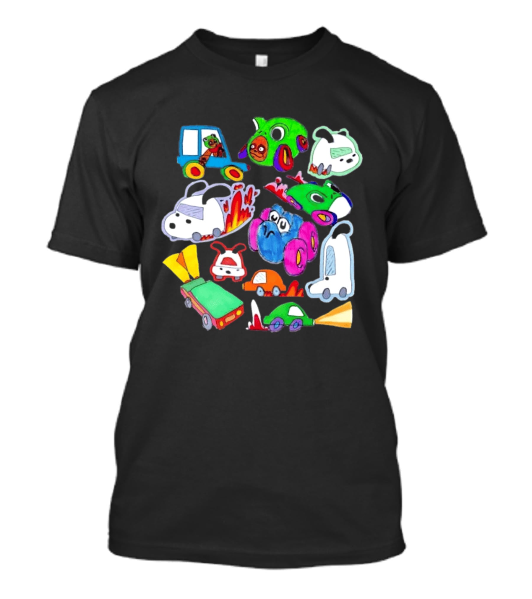 Colorful Cartoon Animal Toy Cars With Rocket Exhaust And Flames Racing Sketch T-Shirt
