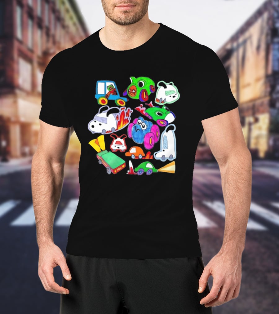 Colorful Cartoon Animal Toy Cars With Rocket Exhaust And Flames Racing Sketch T-Shirt