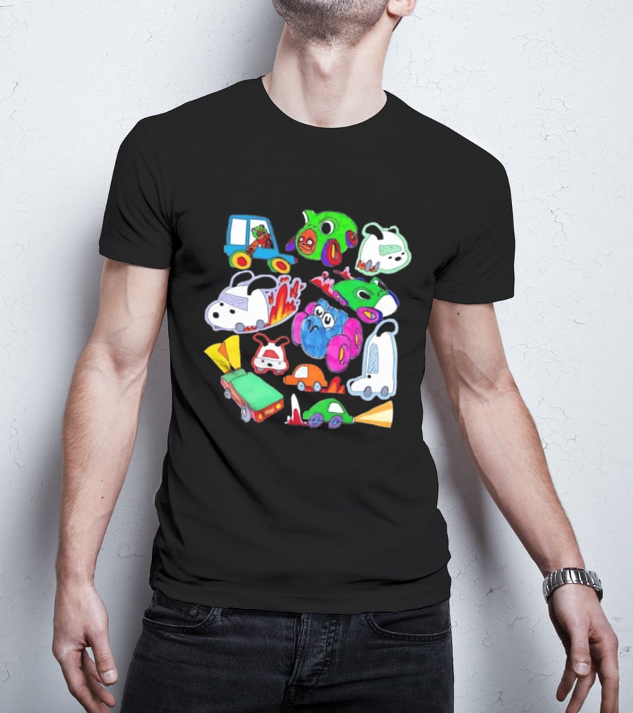 Colorful Cartoon Animal Toy Cars With Rocket Exhaust And Flames Racing Sketch T-Shirt