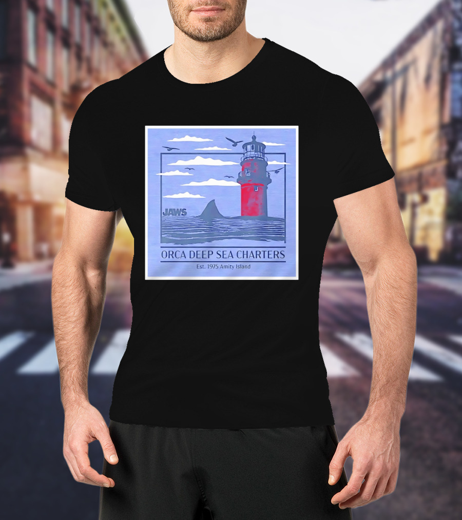 Jaws Orca Deep Sea Charters 1975 Amity Island Lighthouse Ocean Adventure T-Shirt