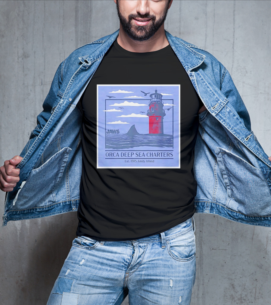 Jaws Orca Deep Sea Charters 1975 Amity Island Lighthouse Ocean Adventure T-Shirt