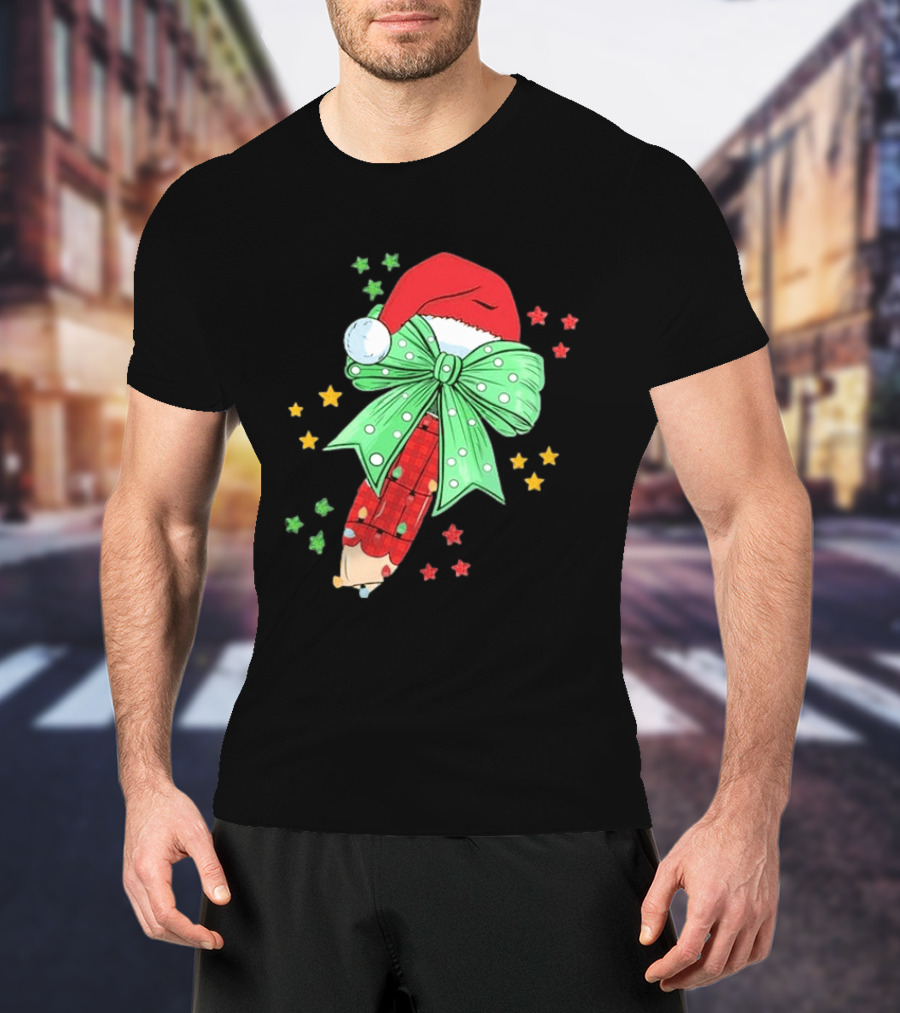 Christmas Elf Pen Candy Cane With Green Bow And Santa Hat T-Shirt