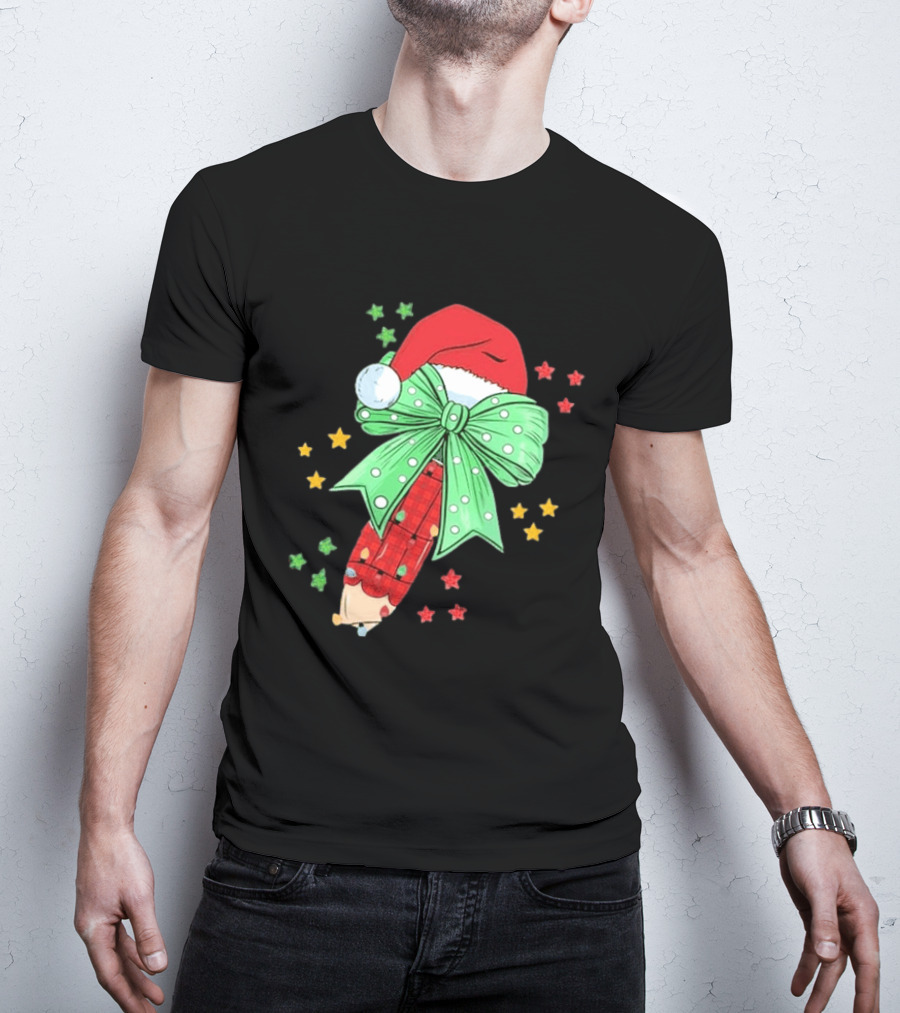 Christmas Elf Pen Candy Cane With Green Bow And Santa Hat T-Shirt