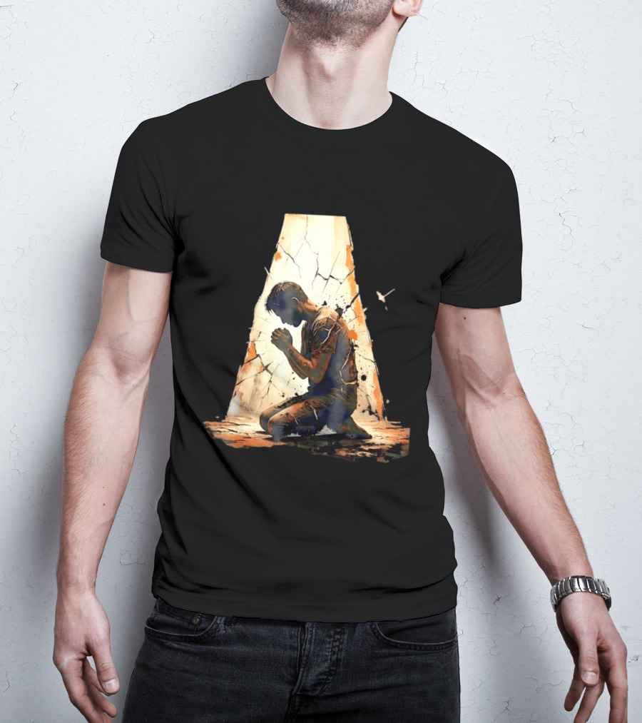 Man Kneeling In Prayer Spiritual Faith Devotion Cracked Wall And Light T-Shirt
