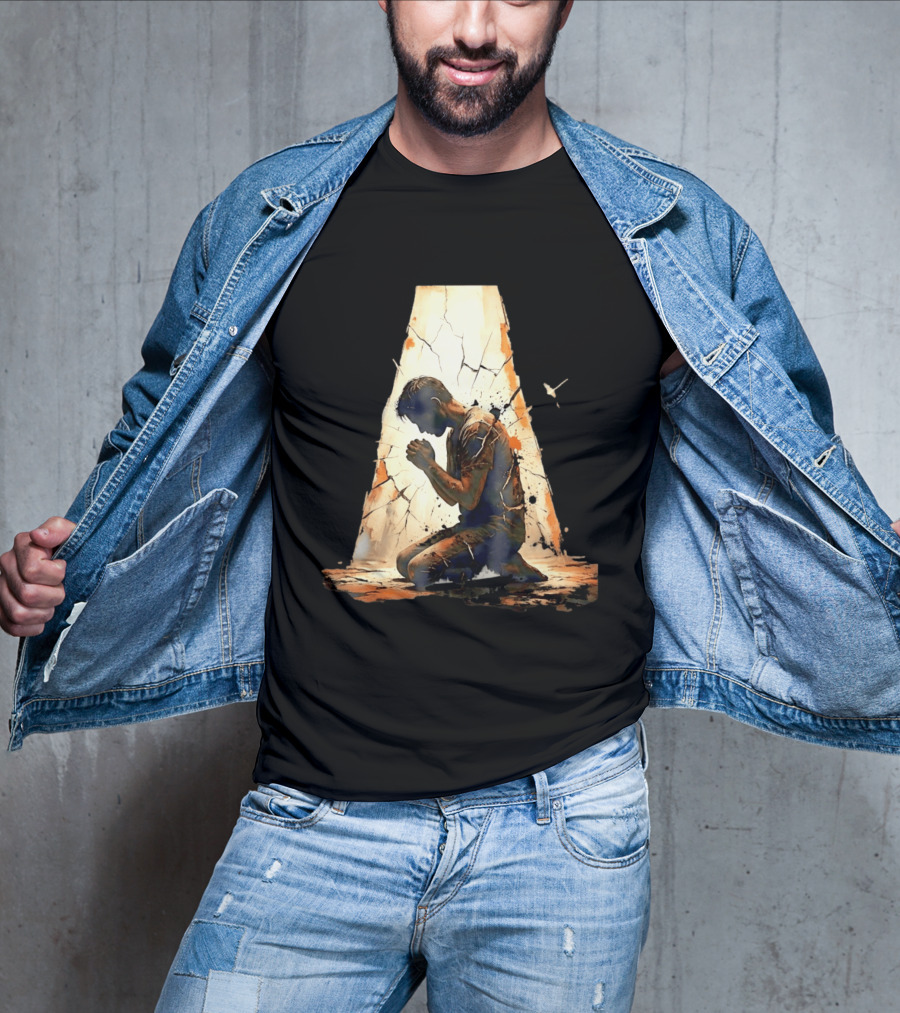 Man Kneeling In Prayer Spiritual Faith Devotion Cracked Wall And Light T-Shirt