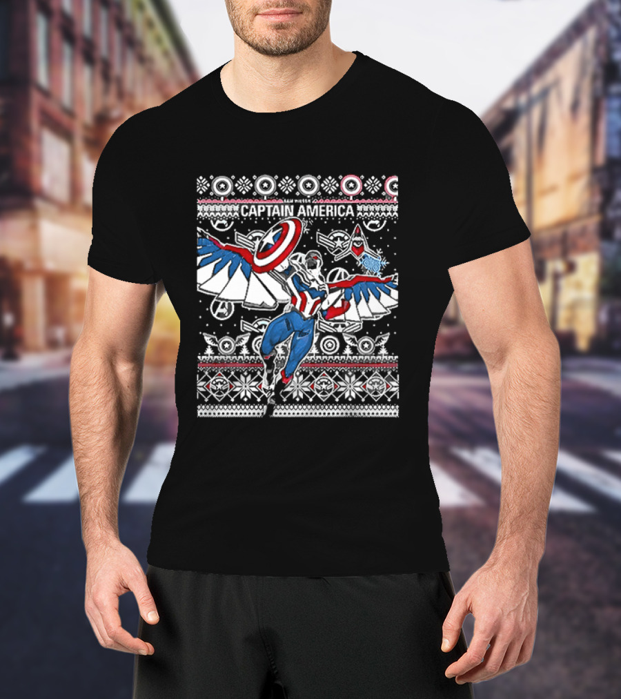 Marvel Captain America Sam Wilson Christmas Sweater Style Festive Holiday T-Shirt