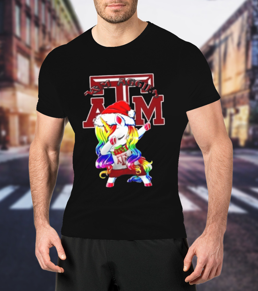 Texas Am Aggies Unicorn Dabbing Santa Hat Merry Christmas T-Shirt