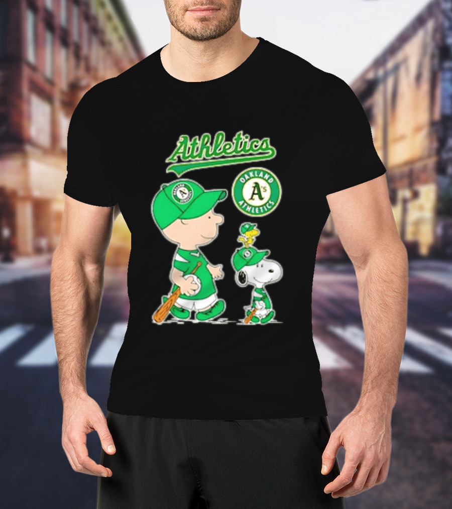 Oakland Athletics MLB Charlie Brown Snoopy Woodstock Baseball Peanuts Characters T-Shirt