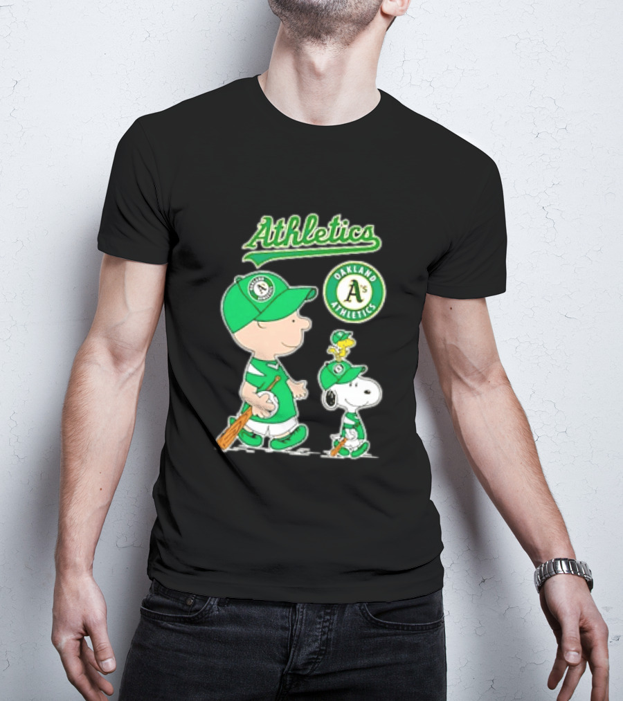 Oakland Athletics MLB Charlie Brown Snoopy Woodstock Baseball Peanuts Characters T-Shirt