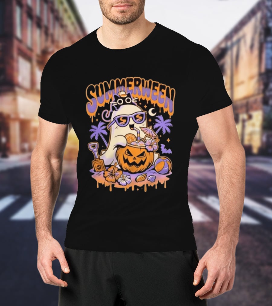 Summerween Cartoon Ghost Sunglasses Drinking Pumpkin Beach Vibes T-Shirt