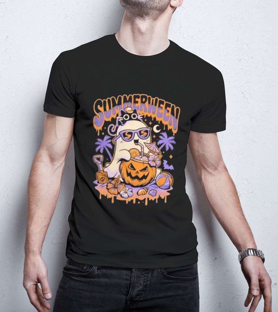 Summerween Cartoon Ghost Sunglasses Drinking Pumpkin Beach Vibes T-Shirt