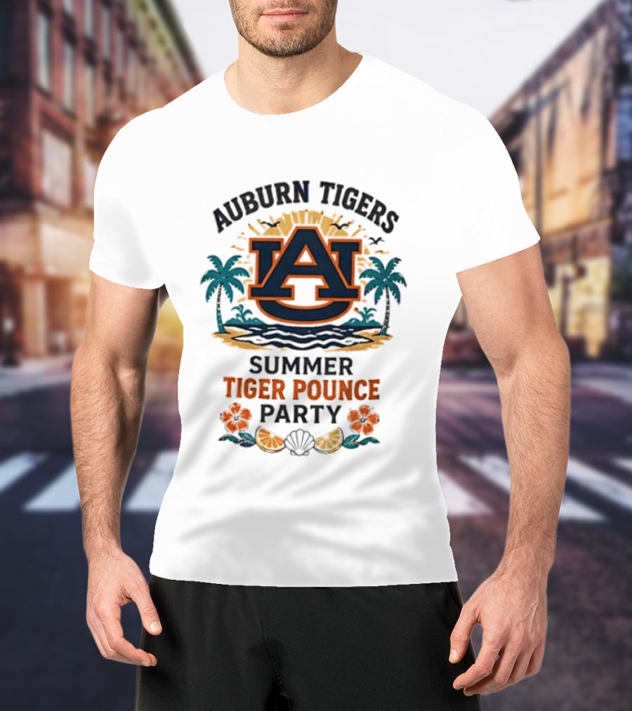 Auburn Tigers Summer Tiger Pounce Party Tropical Beach Scene T-Shirt