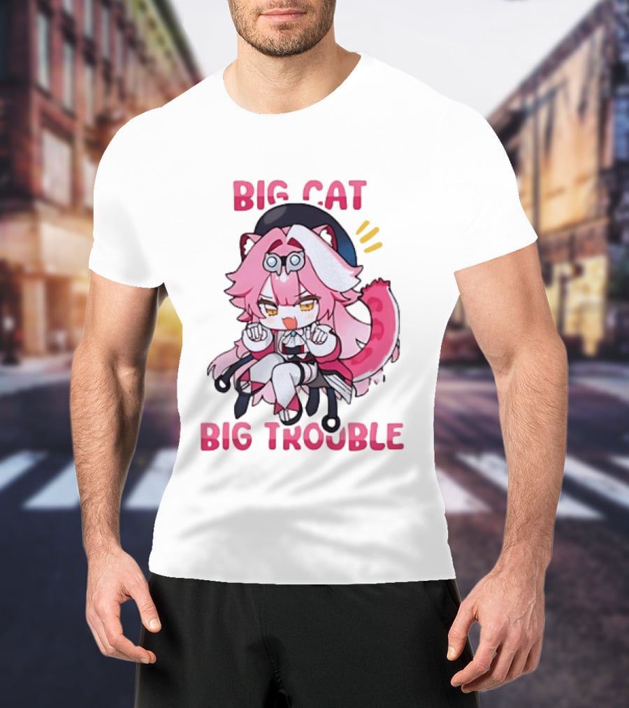 Big Cat Big Trouble Chibi Character With Pink Hair And Tail T-Shirt
