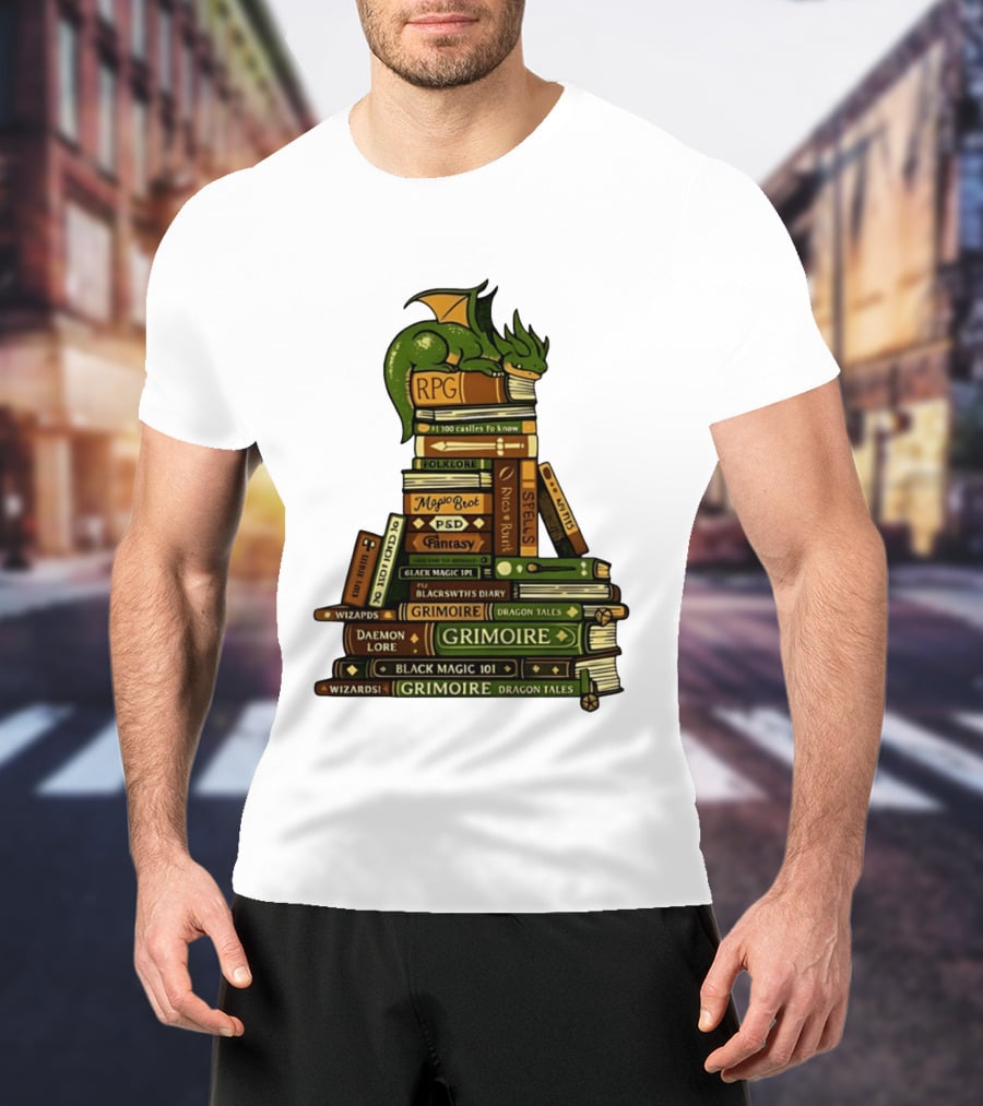 Dragon Resting On RPG Fantasy Grimoire Magic Books Stack T-Shirt