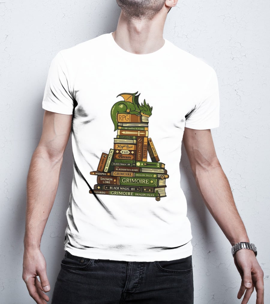 Dragon Resting On RPG Fantasy Grimoire Magic Books Stack T-Shirt