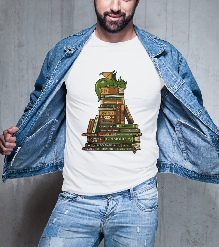 Dragon Resting On RPG Fantasy Grimoire Magic Books Stack T-Shirt