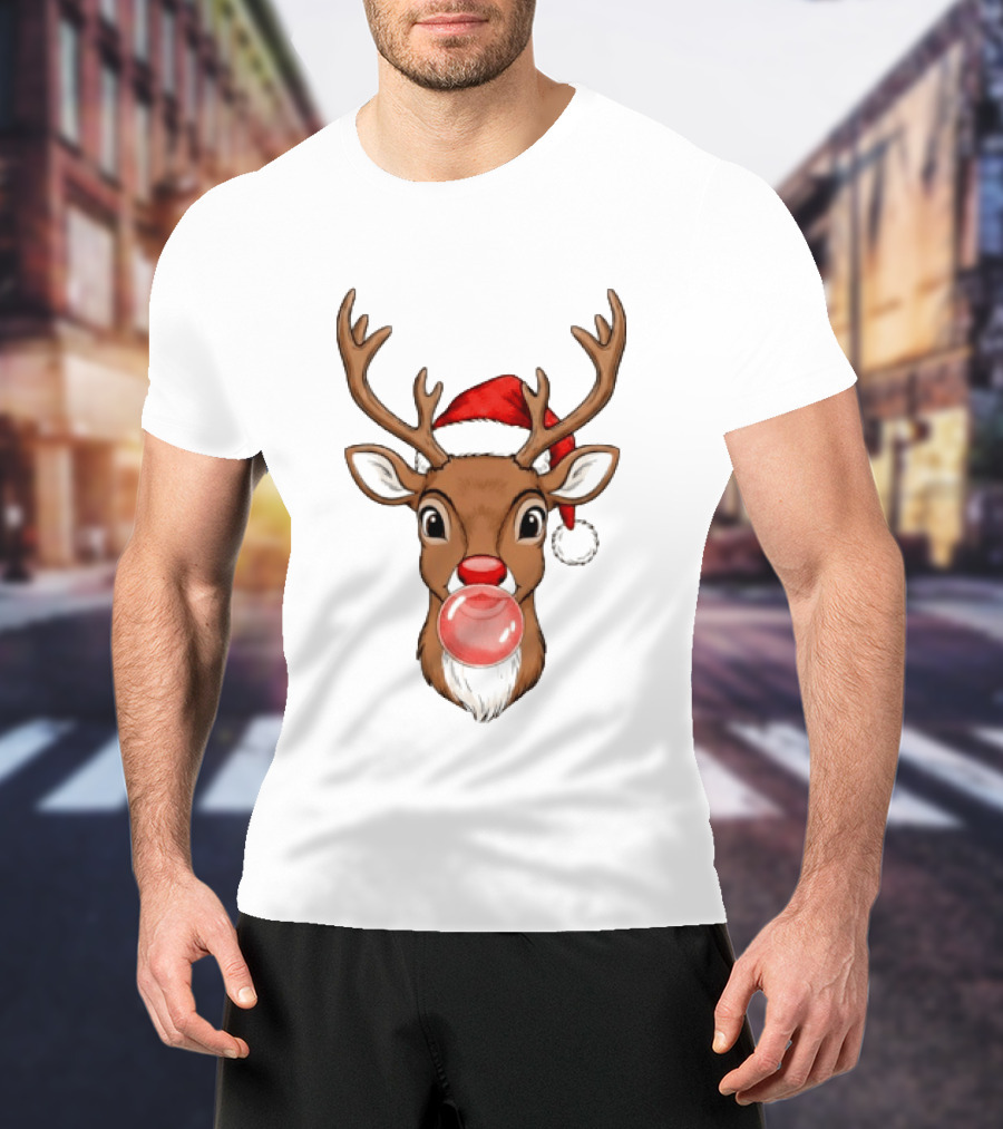 Merry Christmas Reindeer Santa Hat Bubble Gum Red Nose T-Shirt