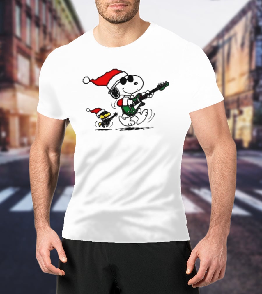 Snoopy Christmas Rocking Guitar Santa Hat Woodstock Peanuts T-Shirt