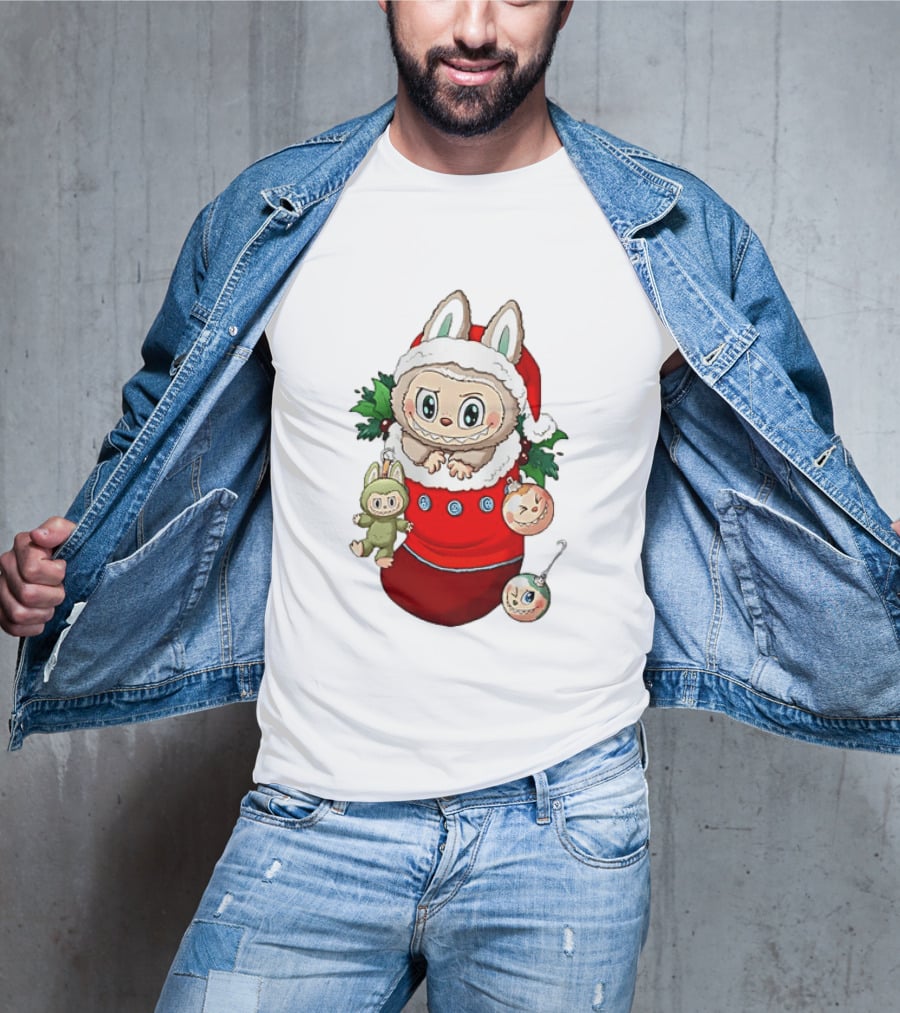 Stocking Stuffer Labubu Christmas Santa Hat Holly Ornaments T-Shirt