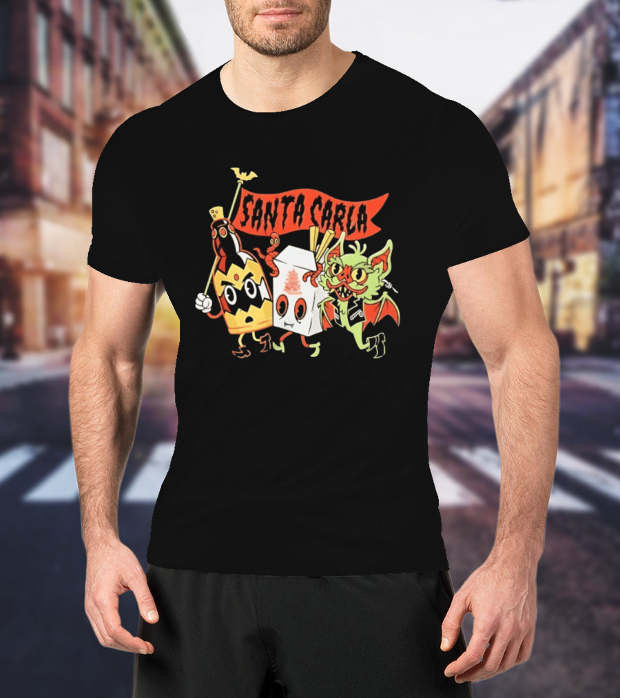 Santa Carla Cartoon Vampire Characters And Food Box With Flag T-Shirt