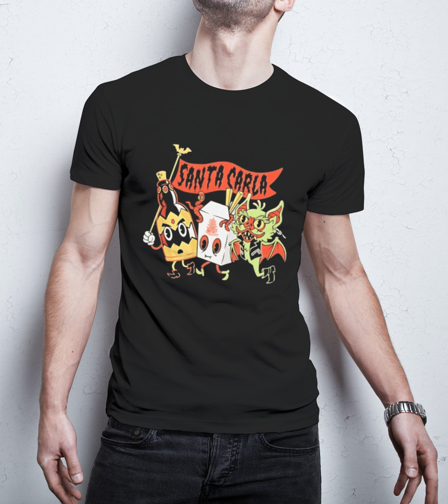 Santa Carla Cartoon Vampire Characters And Food Box With Flag T-Shirt