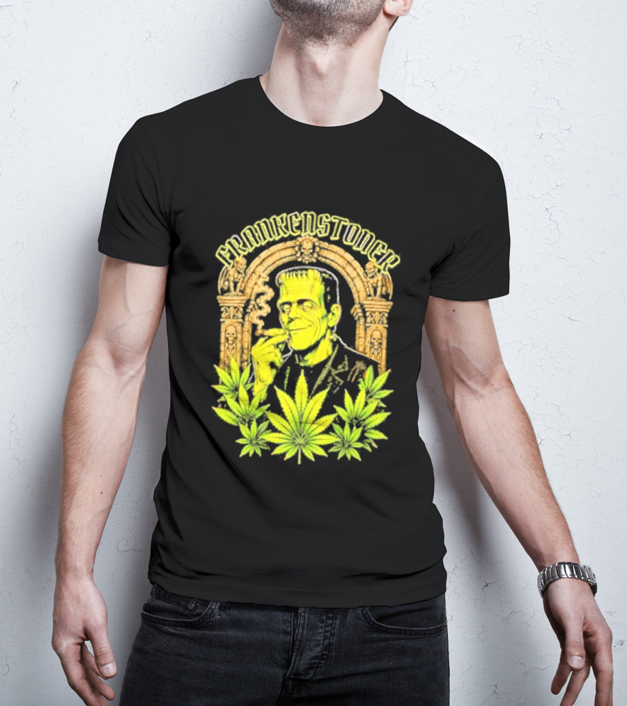 Frankenstoner Frankenstein Marijuana Smoking Arch Skulls T-Shirt