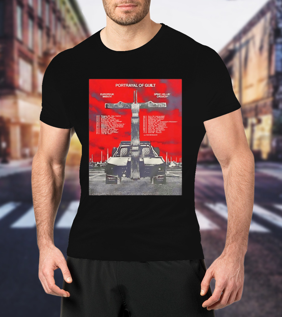 Portrayal Of Guilt Europe UK MMXXVI Spike Hellis Crouch Oathbreaker Tour Dates Tire Tracks Industrial Red T-Shirt