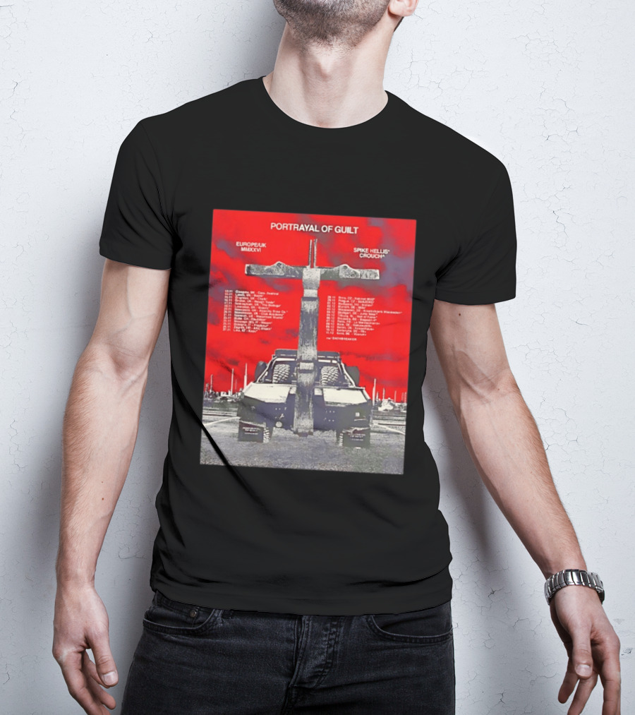 Portrayal Of Guilt Europe UK MMXXVI Spike Hellis Crouch Oathbreaker Tour Dates Tire Tracks Industrial Red T-Shirt