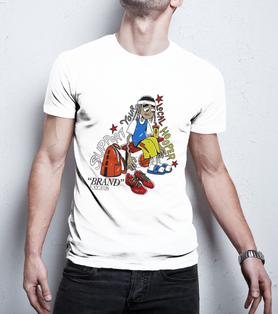 Support Your Local Hooper Cartoon Basketball Player Backpack Red Shoes Brand Est 2026 T-Shirt