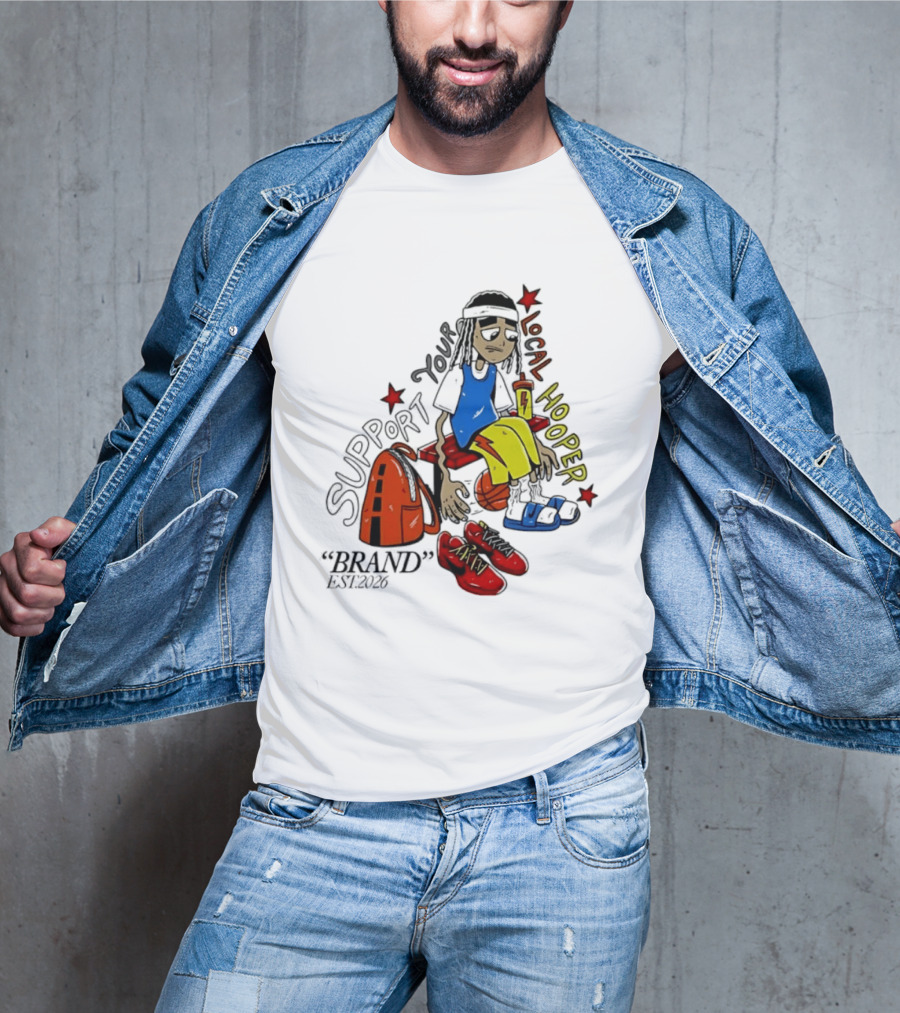 Support Your Local Hooper Cartoon Basketball Player Backpack Red Shoes Brand Est 2026 T-Shirt