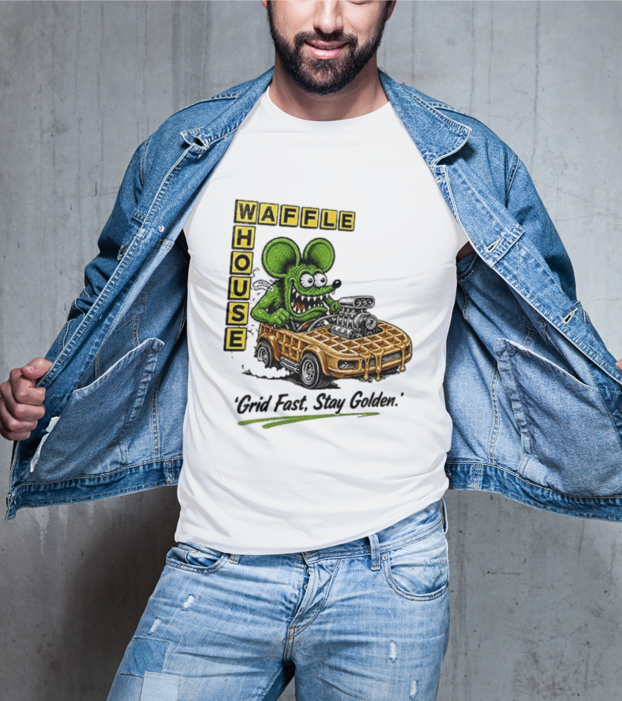 Rat Fink Waffle House Grid Fast Stay Golden Car Racer T-Shirt