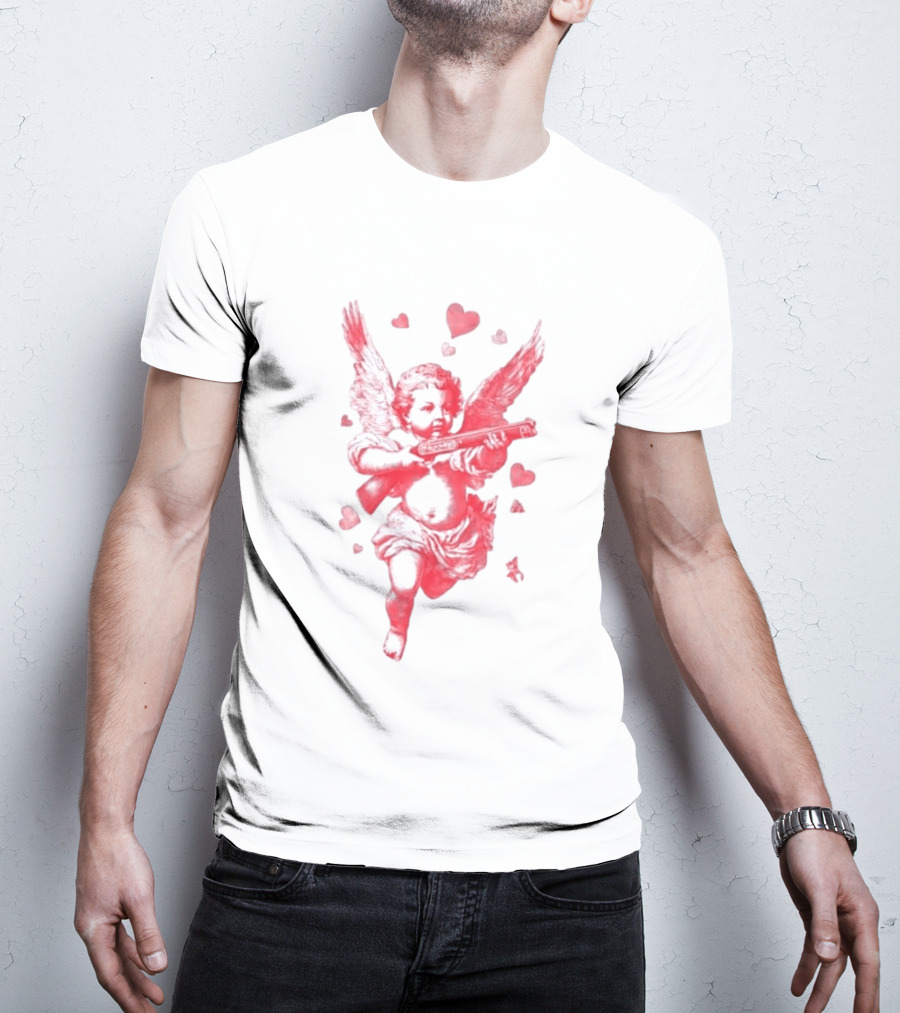 Red Pink Cherub Cupid Shotgun Hearts Clouds T-Shirt