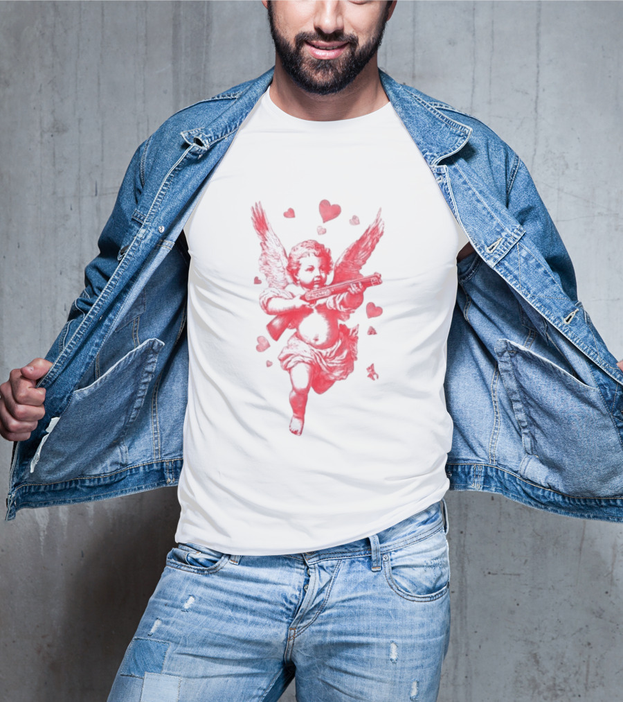 Red Pink Cherub Cupid Shotgun Hearts Clouds T-Shirt