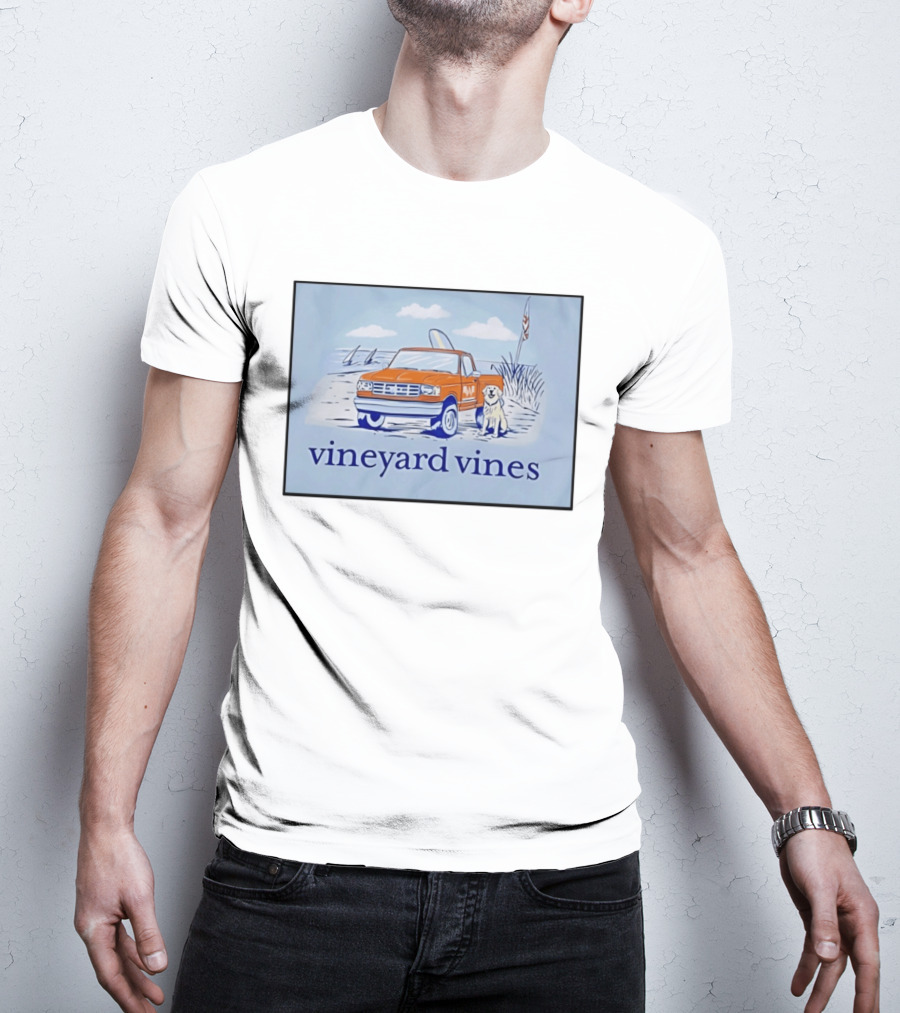 Vineyard Vines Beach Dog And Surf Truck Scene With Golden Retriever T-Shirt