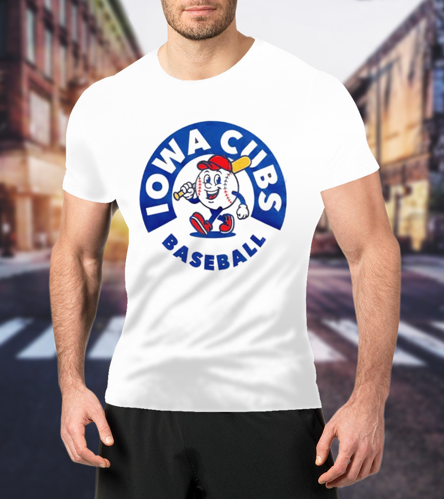 Iowa Cubs MLB Baseball Cartoon Walking Ball Bat Red Cap T-Shirt
