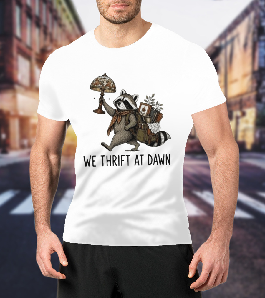 Raccoon With Backpack And Lamp We Thrift At Dawn T-Shirt
