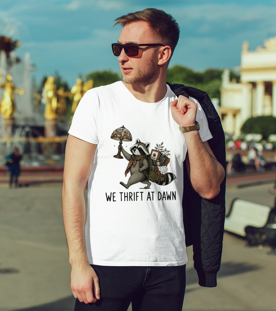 Raccoon With Backpack And Lamp We Thrift At Dawn T-Shirt