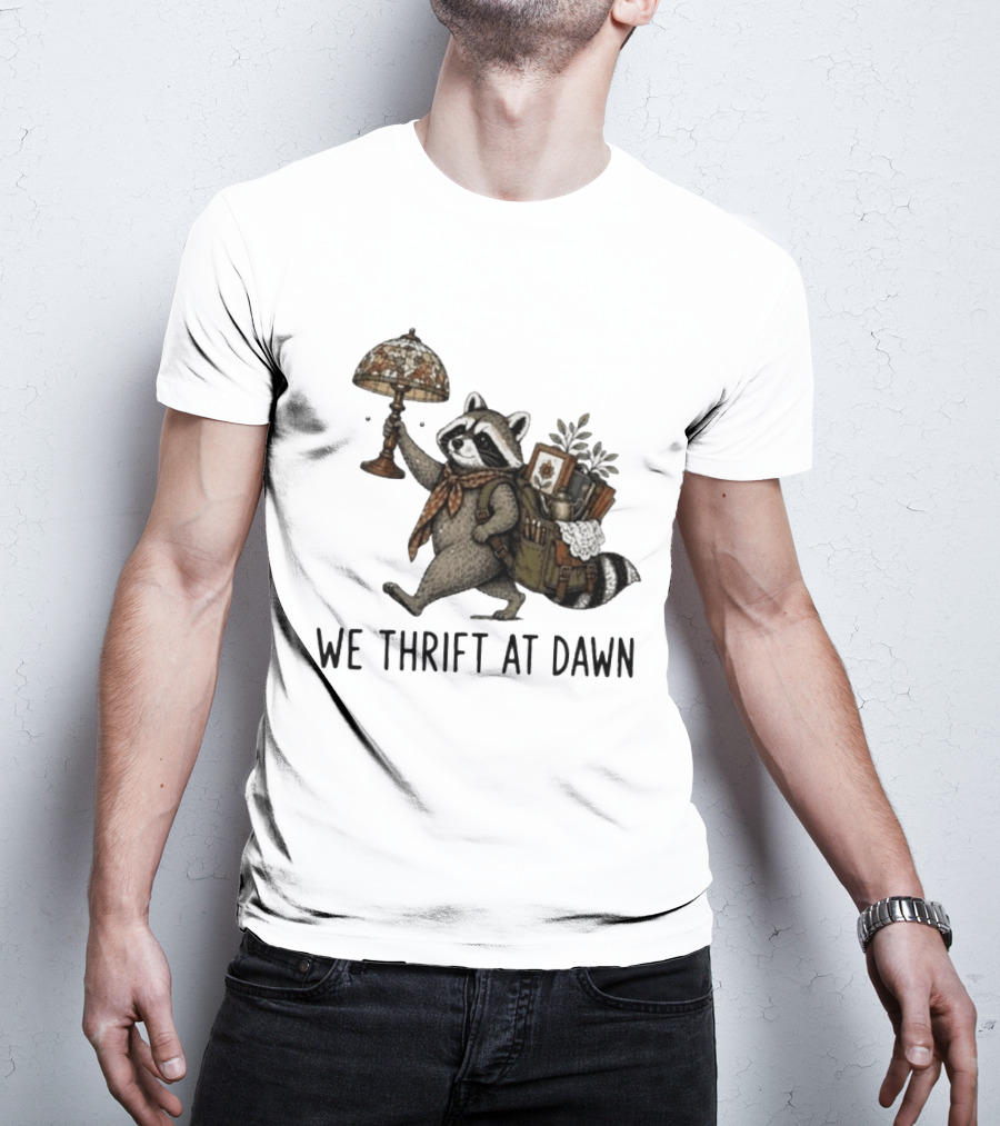 Raccoon With Backpack And Lamp We Thrift At Dawn T-Shirt