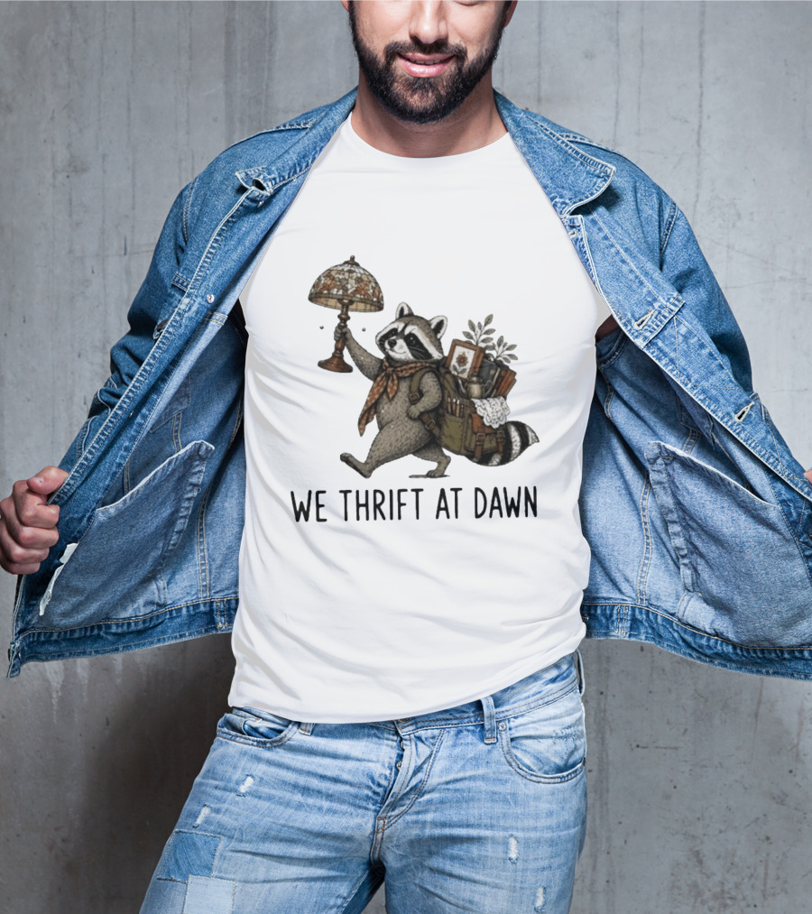 Raccoon With Backpack And Lamp We Thrift At Dawn T-Shirt