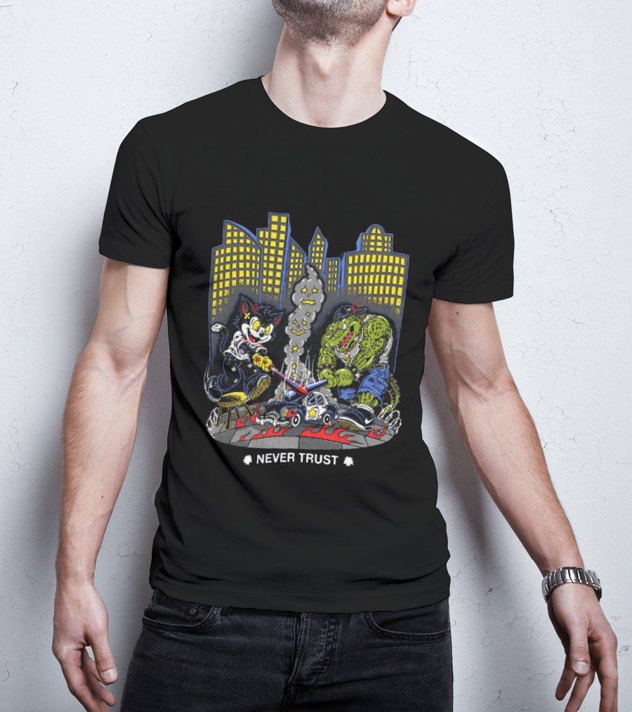 Cat And Crocodile In City Never Trust Police Car Cartoon Scene T-Shirt