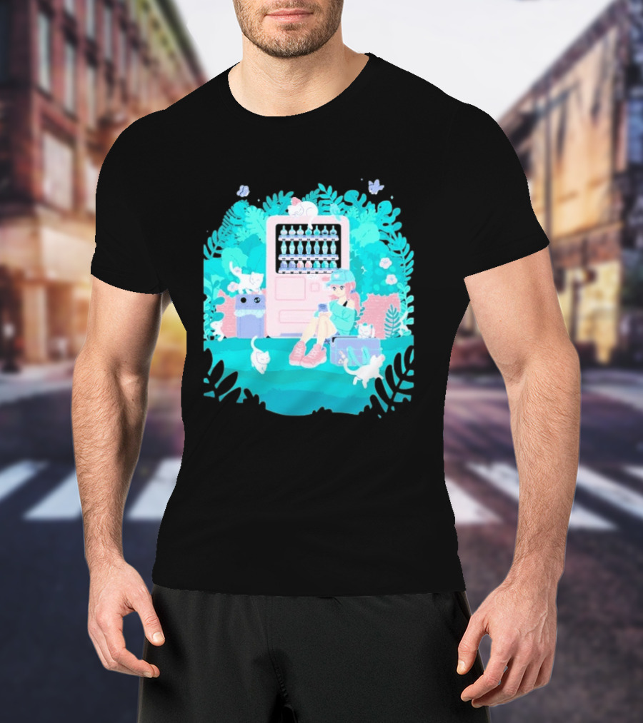 Cat Vending Machine Pastel Aesthetic With Sitting Girl And Cats T-Shirt