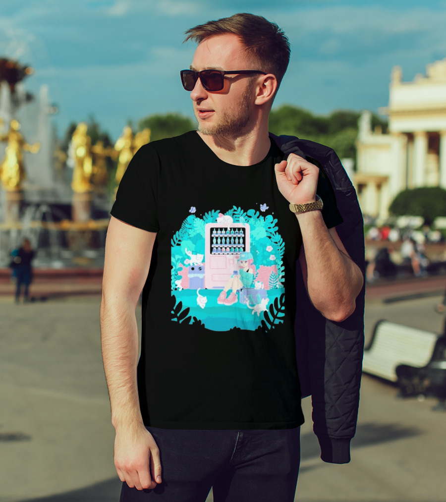 Cat Vending Machine Pastel Aesthetic With Sitting Girl And Cats T-Shirt
