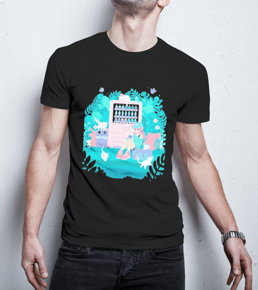 Cat Vending Machine Pastel Aesthetic With Sitting Girl And Cats T-Shirt