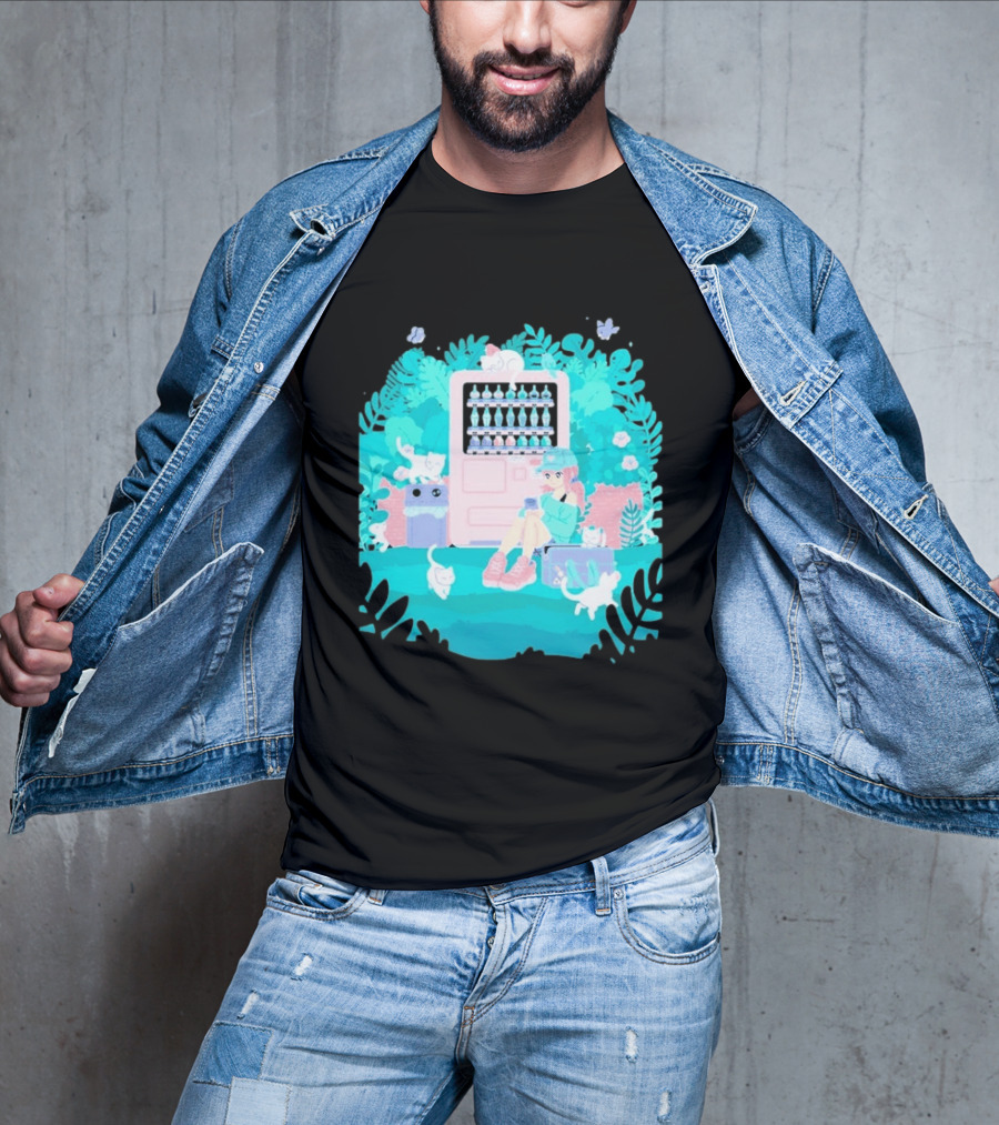 Cat Vending Machine Pastel Aesthetic With Sitting Girl And Cats T-Shirt