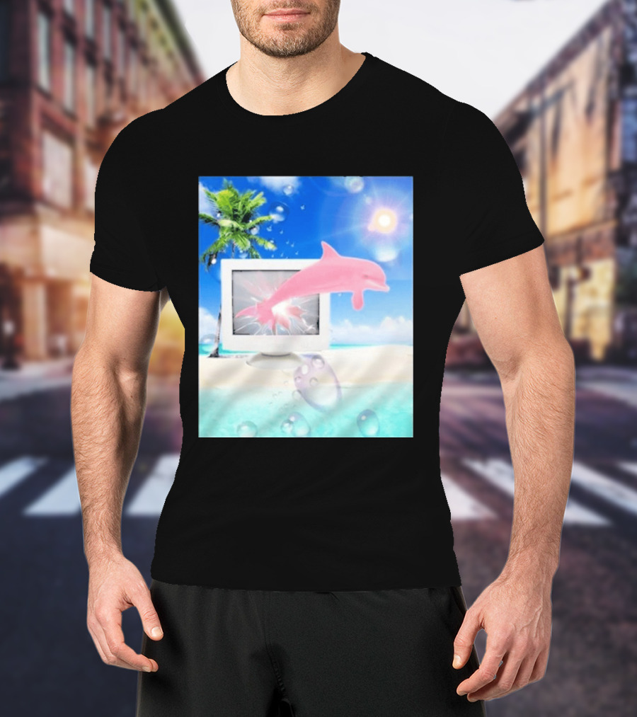 Frutiger Aero Y2k Vaporwave Palm Tree Pink Dolphin Cyberpunk Aesthetic T-Shirt
