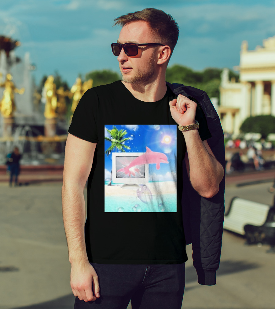 Frutiger Aero Y2k Vaporwave Palm Tree Pink Dolphin Cyberpunk Aesthetic T-Shirt