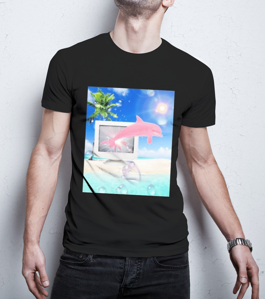 Frutiger Aero Y2k Vaporwave Palm Tree Pink Dolphin Cyberpunk Aesthetic T-Shirt