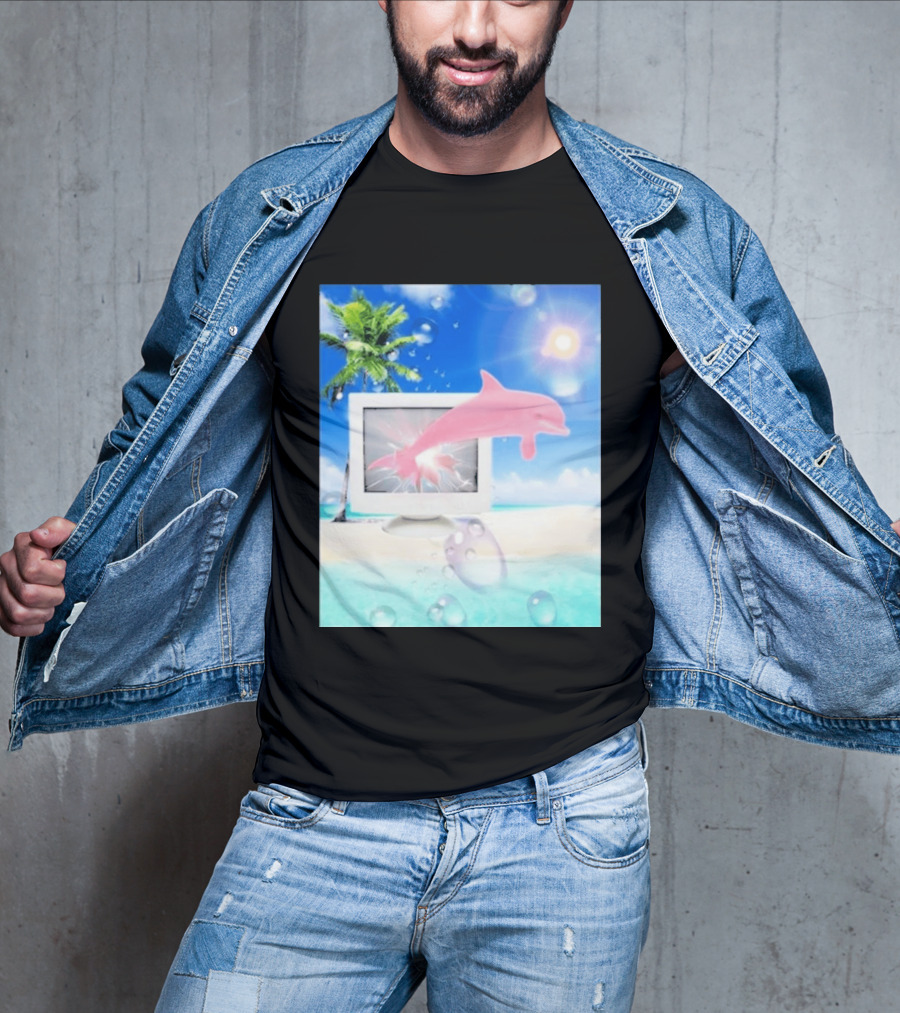 Frutiger Aero Y2k Vaporwave Palm Tree Pink Dolphin Cyberpunk Aesthetic T-Shirt