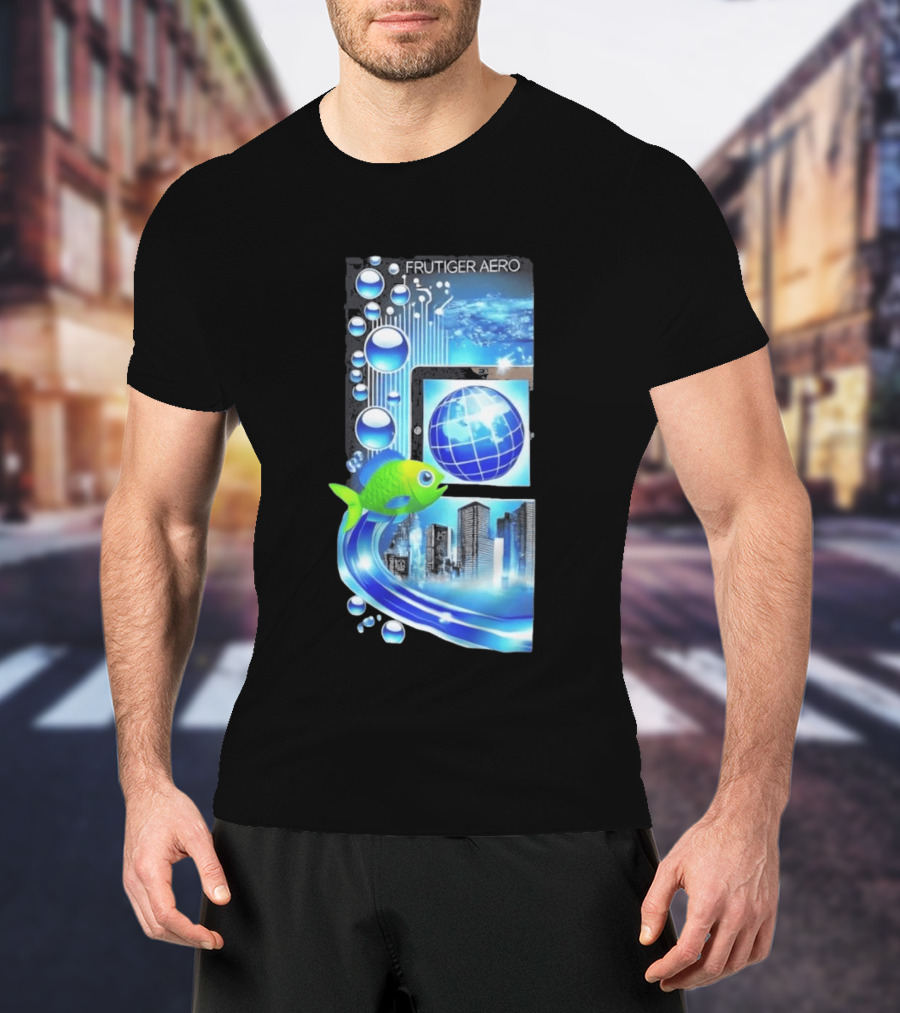 Frutiger Aero Y2K Global Tech Cityscape With Digital Fish And Blue T-Shirt